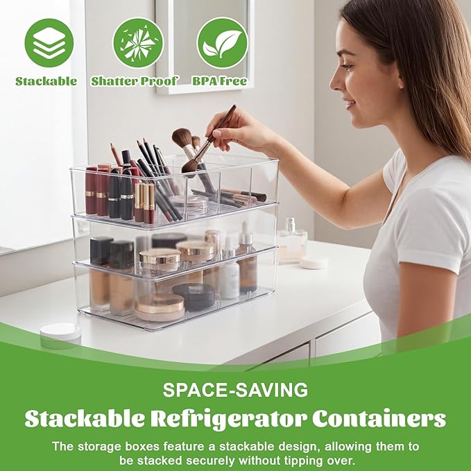 Mifoci 16 Pcs Snack Pantry Organizer and Storage - Clear Plastic Storage Bins for Pantry Shelf with 3 Divider Stackable Plastic Containers Box with Handle for Kitchen Cabinet Fridge Closet Bathroom