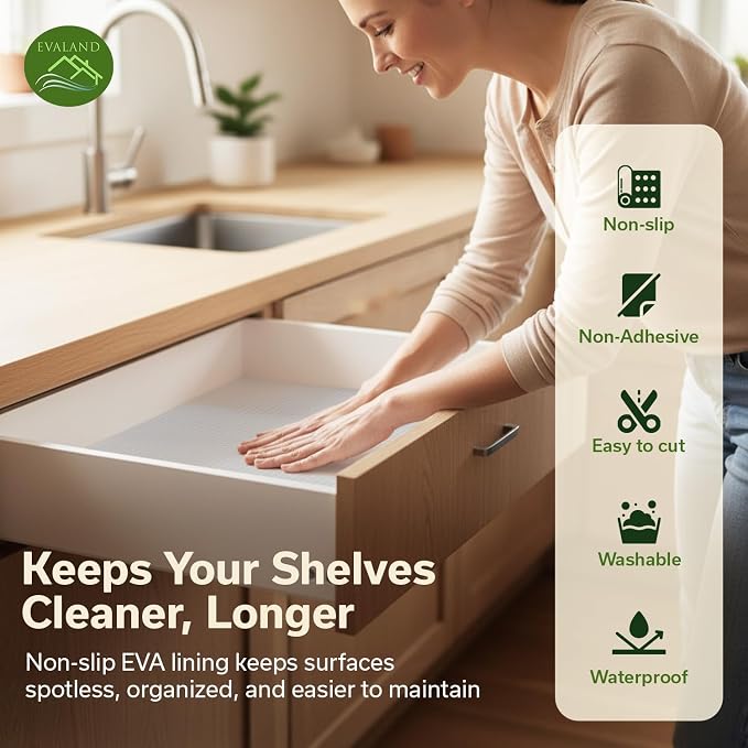 EVALAND Shelf Liners for Kitchen Cabinets Non-Adhesive 13.8" x 20 FT Clear Drawer Liner Non Slip, Washable Cabinet Liner, Waterproof Shelf Liners for Cabinets, Refrigerator Bathroom Pantry Cabinet Mat