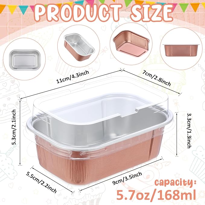Vesici 100 Sets Mini Loaf Pans with Lids, 5.7 oz Disposable Aluminum Foil Baking Cups, Rectangle Cake Pans for Baking Storage Birthday Party(Champagne)