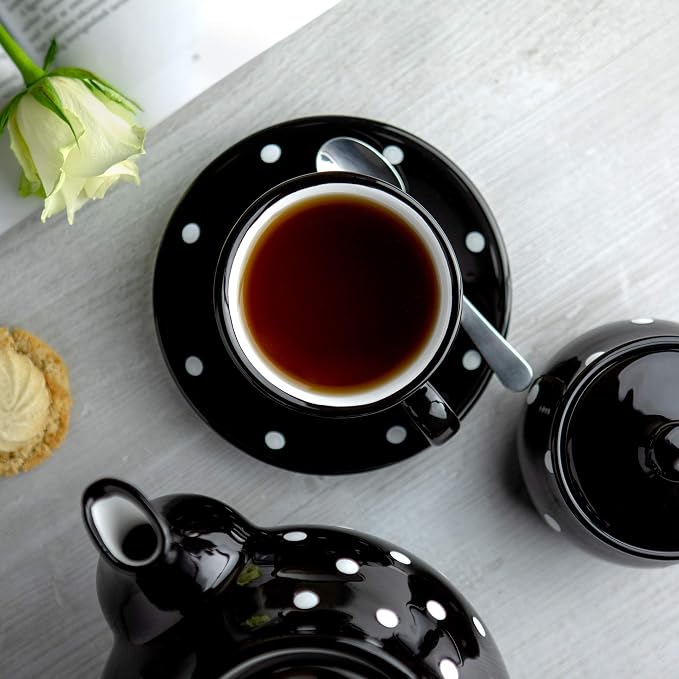 City to Cottage Handmade Black and White Polka Dot Ceramic 8.4oz/250ml | Cappuccino, Coffee, Tea Cup and Saucer, Unique Designer Pottery for Tea Lovers