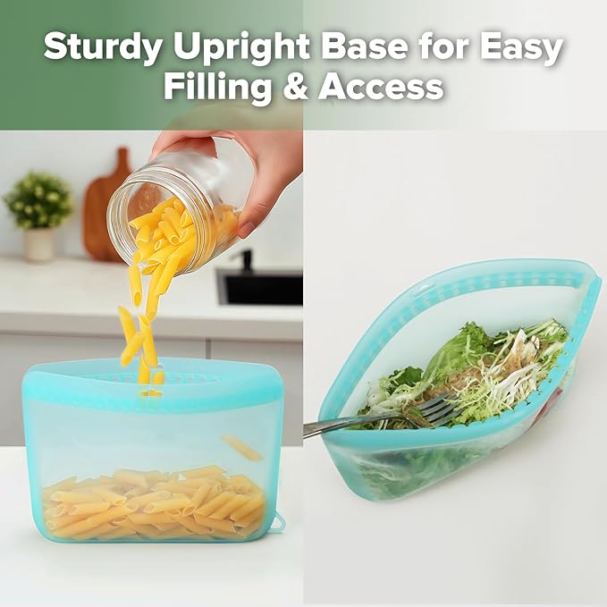 Haakaa Dot Seal Reusable Silicone Food Storage Bags, 2 Pack- Silicone Leakproof Freezer & Sandwich Snack Bags, BPA Free Food Containers, Microwave & Dishwasher Safe, Turquoise (500ml, 1500ml)