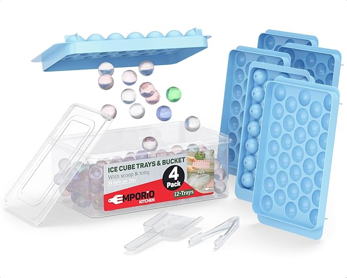 Emporio Kitchen Round Ice Cube Tray Set Pack of 4, BPA-Free Stackable Trays with Lid & Tongs, 33 Ice Balls Per Tray for Whiskey, Drinks, and Cocktails, Quick Release Round Ice Cube Mold, Blue