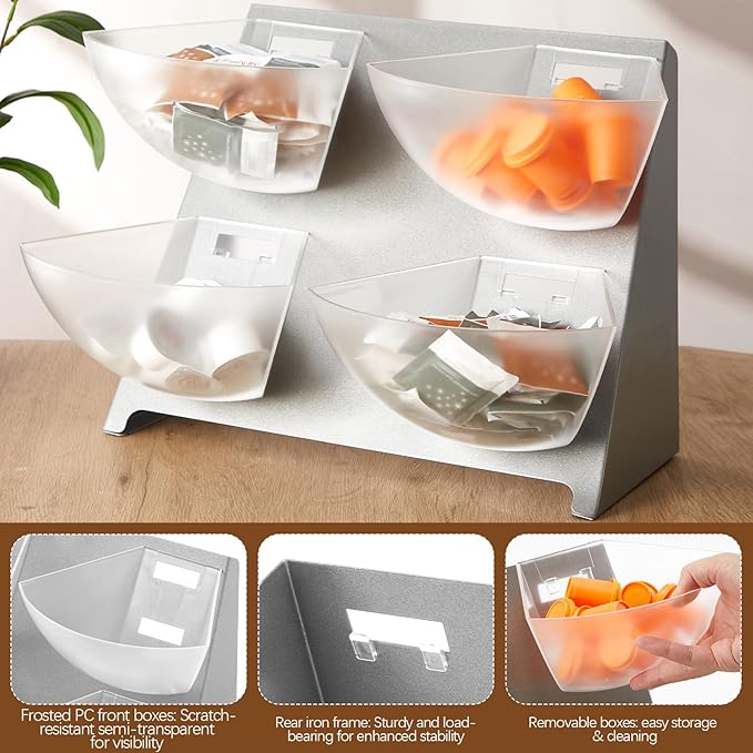DoubleFill 15.5''x10''x 10.5'' Coffee Condiment Packet Organizer with 4 Removable Compartments Steel Coffee Caddy Station Creamer Sugar Tea Holder for Bar Countertop Office Kitchen Accessories(Silver)