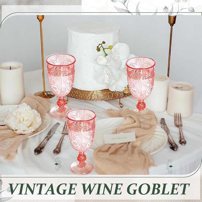 Wiwiqing 6 Pcs Plastic Goblets 7.5oz mini Vintage Goblet Plastic Wine Glasses Colored Retro Embossed Water Goblets for Wine Bar Juice Baby Shower Wedding Reception Grand Event Party (Pink)