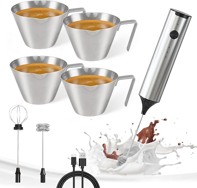 YARRAMATE Milk Frother Wand Handheld & 4 Pcs Stainless Steel Espresso Cups