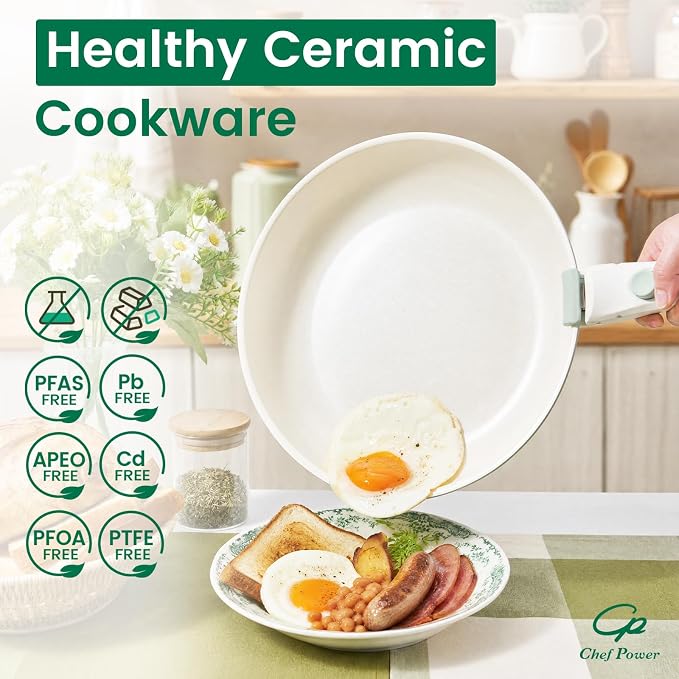 Chef Power Ceramic Cookware Set Non Toxic with Detachable Handles, Healthy Nonstick Decal Pans and Pots Set 14 Pcs, Induction Dishwasher Oven Safe Kitchen Set, Light Green with Olive branch