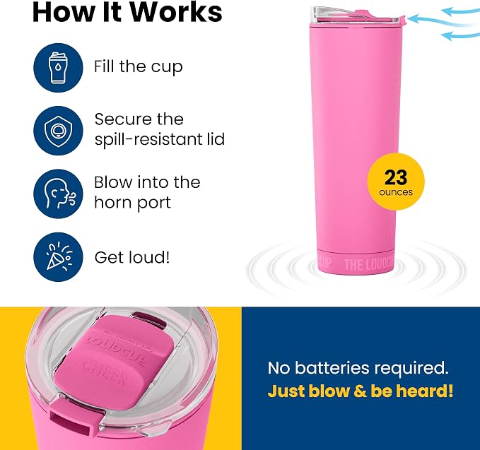 The LoudCup Blow Horn Tumbler, Cheer & Sip 2-in-1 Reusable Water Bottle with Built-In Horn for Sports Games, Tailgates, Parties & Events, BPA-Free, 23 oz, Panther Pink