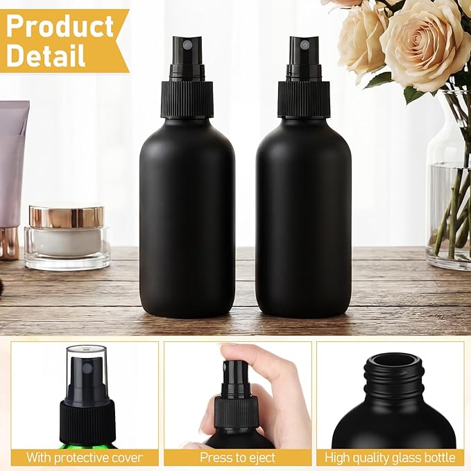 Maxcheck 50 Pieces 4oz Small Glass Spray Bottles for Essential Oil Empty Spray Mist Bottle Empty Fine Mist and Refillable Mister Refillable Liquid Containers for Perfumes, Cleaning(Black)
