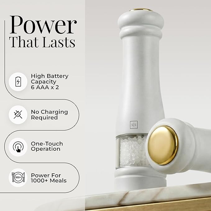 Electric Salt and Pepper Grinder Set - Styled Settings White Electric Salt and Pepper Shakers, Automatic Stainless Steel Set with LED Light, Battery Operated, Adjustable Coarseness, Wood Base