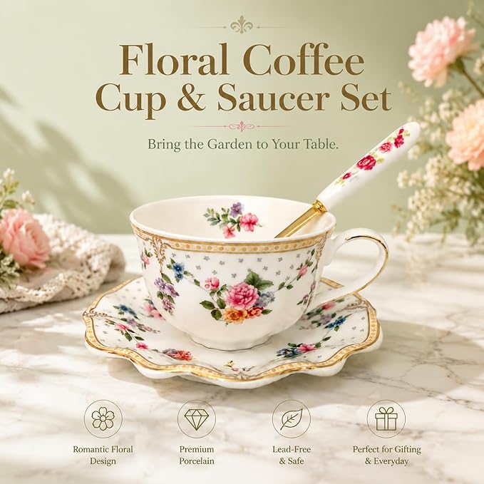 Noviko 7 oz Floral Tea Cups and Saucers Set Fancy Teacup for Women and Tea Parties