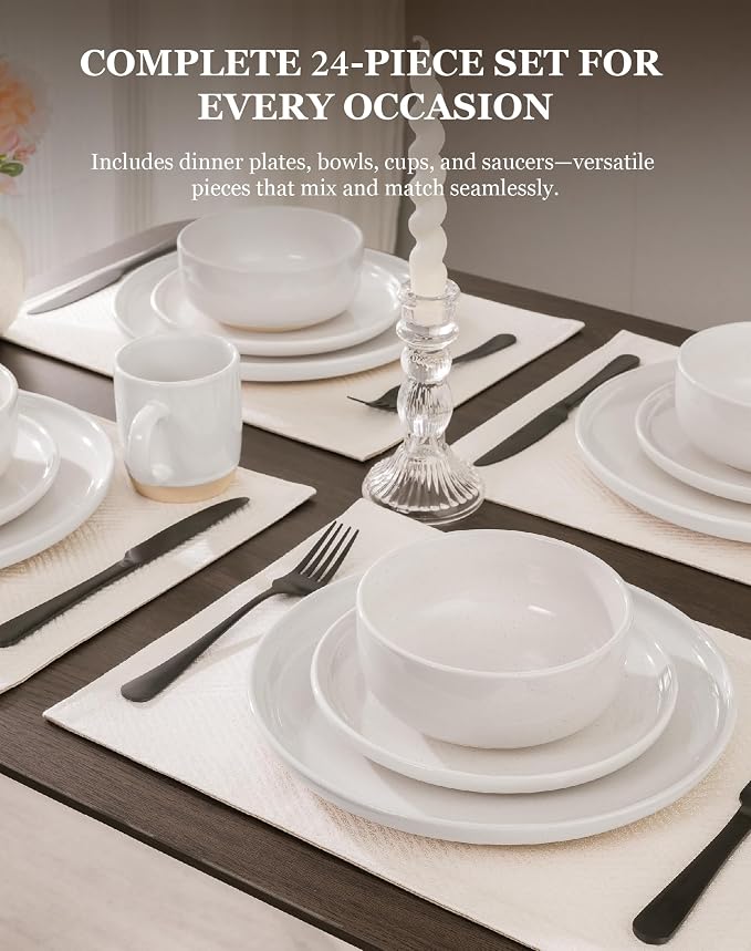 OTAGO 24-Piece White Stoneware Dinnerware Set for 6 with Mugs, Plates and Bowls Sets with Partially Unglazed Base, Scratch Resistant Ceramic Dish Set, Microwave & Dishwasher Safe for Kitchen
