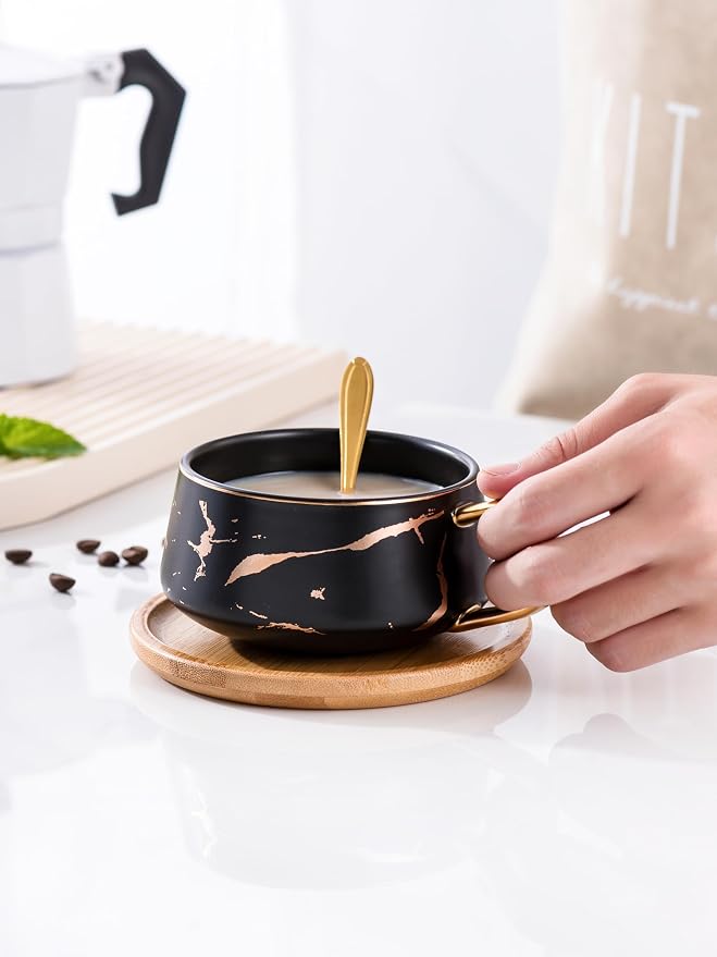 Jusalpha 2 Pack Golden Hand Print Black and White Teacup Coffee Cup with Bamboo Saucer and Spoon Set FDTCS19 (2, Black/White)