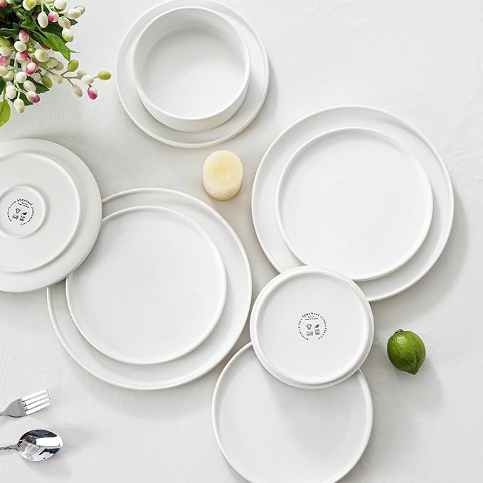 Ceramic Salad & Dessert Plates Set, 8 Inch, Set of 4, Modern White | Stoneware, Dishwasher & Microwave Safe, Small Dinner Plates, For Cake, Fruits, Waffle, Pasta, Salad