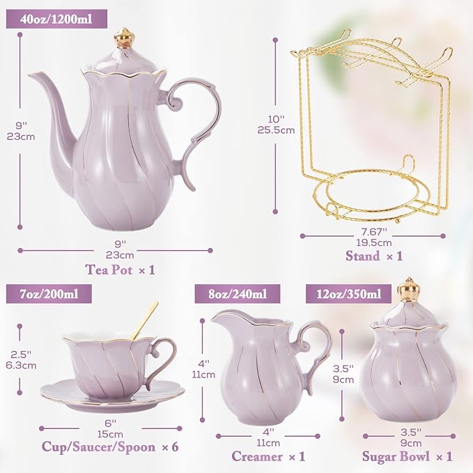 DUJUST 22 pcs Porcelain Tea Set for 6, Luxury British Style Tea/Coffee Cup Set with Golden Trim, Beautiful Tea Set for Women, Tea Party Set, Gift Package (With a Stand) - Purple