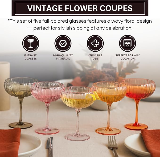Khen Flower Vintage Wavy Glass Coupes Martini, Champagne & Cocktail Coupes - Set of 5-7oz Colorful Cocktail Glasses & Champagne, Prosecco, Mimosa Glassware Gift, Copyright Design - Summer Flora Coupes