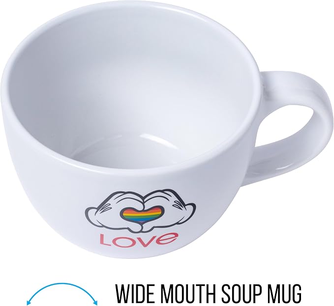 Silver Buffalo Disney Mickey Mouse Hands in Shape of Heart Rainbow Pride Love Ceramic Soup Mug, 24 Ounces
