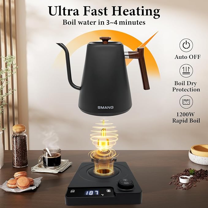 Electric Kettles, Gooseneck Electric Kettle, ±1℉ Temperature Control, for Pour Over Coffee and Tea, 304 Stainless Steel Inner, BPA-Free, Quick Heating Electric Kettles for Boiling Water, 1L Black