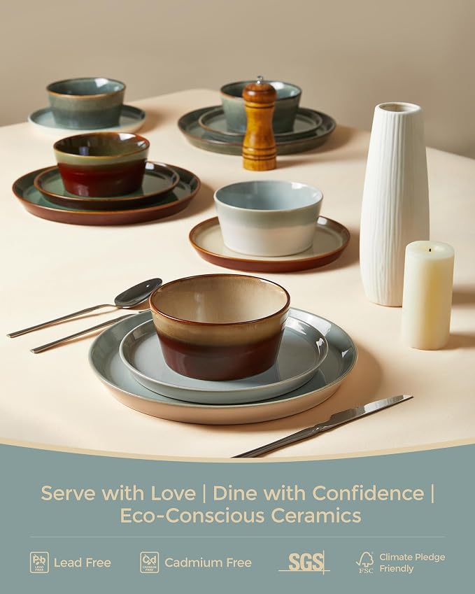 Pokini Dinnerware Sets for 4, Ceramic Plates and Bowls Set, Modern Artisan Dish Set, Microwave & Dishwasher Safe Dishware Set, Chip & Scratch Resistant Dinner Sets, Gradient Green