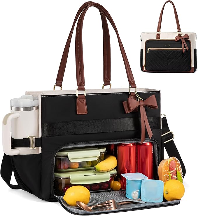 LOVEVOOK Lunch Bag, Tote Bag for Women with Insulated Lunch Compartment, Laptop Bag with Large Capacity & Cup Holder, Work Tote for Teacher, Nurse, Travel, College, Daily, Black-Beige-Brown, 17.3 Inch