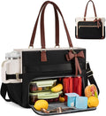 LOVEVOOK Lunch Bag, Tote Bag for Women with Insulated Lunch Compartment, Laptop Bag with Large Capacity & Cup Holder, Work Tote for Teacher, Nurse, Travel, College, Daily, Black-Beige-Brown, 17.3 Inch