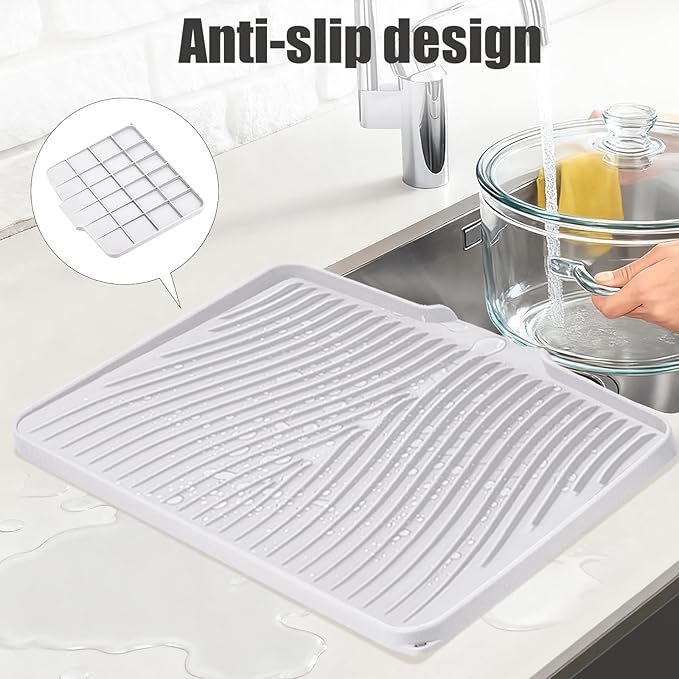 TIKNIK Silicone Dish Drying Mat, Stone Drying Mat for Kitchen Counter with Built-In Drain, Non-Slip Drain Pad with Built-in Drain, Heat Resistant Stone Drying Mat, Hangable, White-1pcs, 16" x 12"