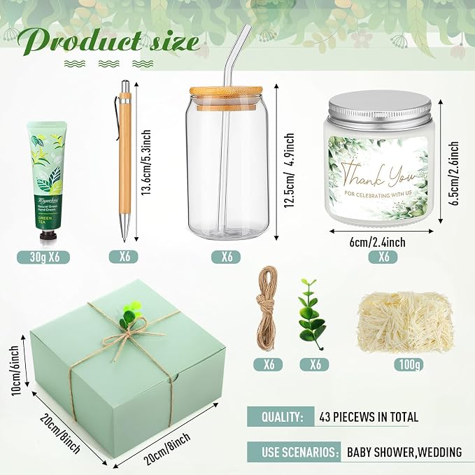 Reallnaive 6 Sets Baby Shower Prizes for Game Winners, Baby Shower Favors Including Glass Cup Scented Candles Hand Cream Pens Gift Box with Raffia for Gender Reveal Wedding Bridal Party Prizes(Green)