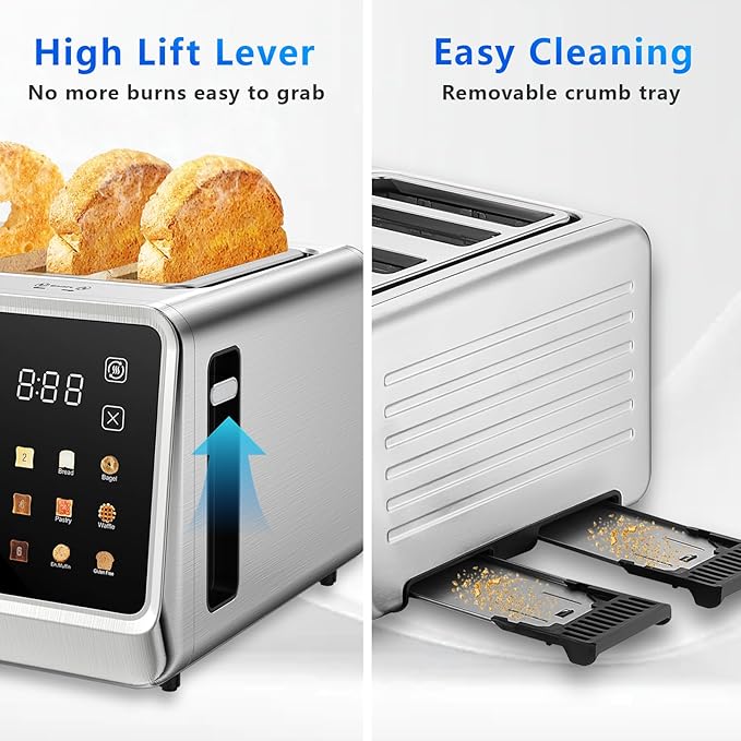 SAKAMOSH 4 Slice Touch Screen Toaster with Dual Control Panel, Wide Slots Smart Digital Toaster with 6 Browning Levels & Bread Type, Single Slice Toasting/Reheat/Defrost/Cancel, 1800W, Stainless Steel