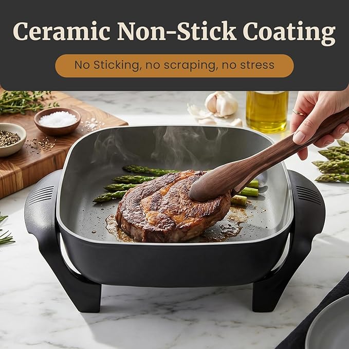 Elite Gourmet PFAS-Free Ceramic Electric Skillet, Extra Deep 12"x12"x3", Less Splatter, Dishwasher Safe, Rapid Heat, EG2313, 1200W, Black