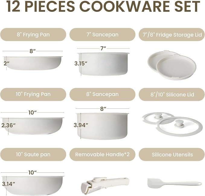 HealSmart 12 Pcs Cookware Set, Granite Non Stick Pots & Pans with Removable Handles, High Heat Resistant Oven Safe Cooking Kit, PFAS & PFOA Free Kitchen Cooking Ware, Beige