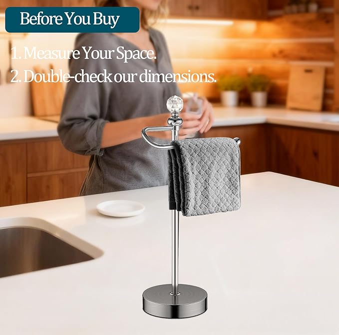 ROLABAM Heavy Weighted Hand Towel Holder (with Crystal Ball) Hand Towel Holder Stand Total Height 16.54'' for Kitchen, Bathroom and Countertops, Classic Metal Fingertip Towel Holder, Brushed Nickel