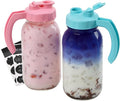Soligt Glass Mason Jar Pitchers with Lids, Wide Mouth Flip Cap Pour Spout Leak-proof Lid with Handle, 64 oz/2 Quart, for Iced Coffee/Sun Tea Juice/Cold Brew/Milk (2 Pack, Taffy Pink + Baby Blue)