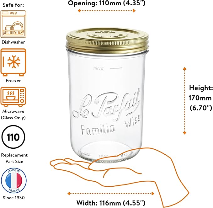 Le Parfait Familia Wiss 32oz (1L) Extra Wide Mouth (110mm) Glass Canning Jar – 1PK Made in France, Airtight 2-Piece Lid, Reusable Zero Waste & Eco-Friendly for Kitchen Storage & Meal Prep