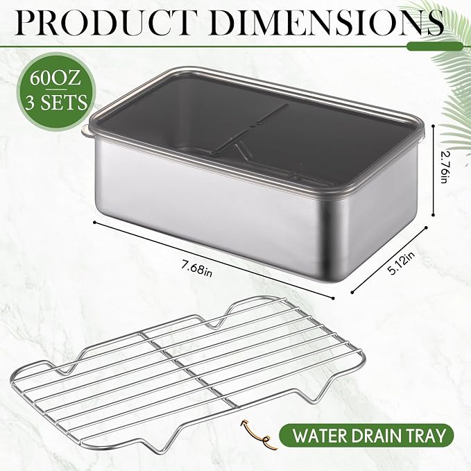 Hushee 3 Set 304 Stainless Steel Containers for Fridge, with Removable Drain Tray, 60 oz Airtight Food Container with Lids for Fruit Bacon Deli Meat Fresh Storage(7.68 x 5.12 x 2.76 Inch)