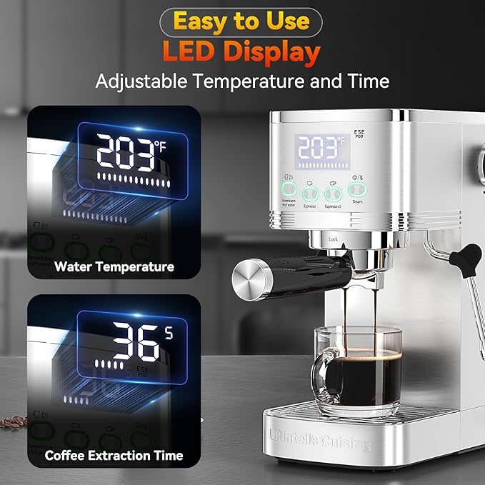 Espresso Machine 20 Bar, Stainless Steel Espresso Maker with Steam Milk Frother,Expresso Machine for Home Temperature Control and LED Display, Coffee Machine for Cappuccino, Latte, Americano