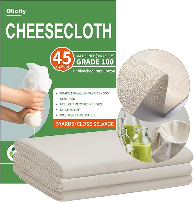 Olicity Cheese Cloths, Grade 100, 45 Sq Feet, Reusable Cheese Cloth with Closed Edges Fabric Fine Mesh Cloth, Unbleached Cotton Muslin Cheesecloth for Straining, Baking, Milk, Free Cutting - 5 Yards