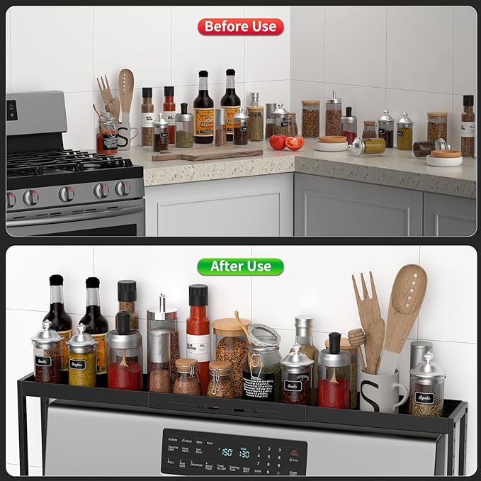 BOIVSHI Stove Top Shelf, Kitchen Over Shelf for Stove, Stove Spice Rack for Top, Adjustable 27-33inch, Fits Various Stove Lengths, Kitchen Spice Organizer, Condiments and BBQ Sauces, Black