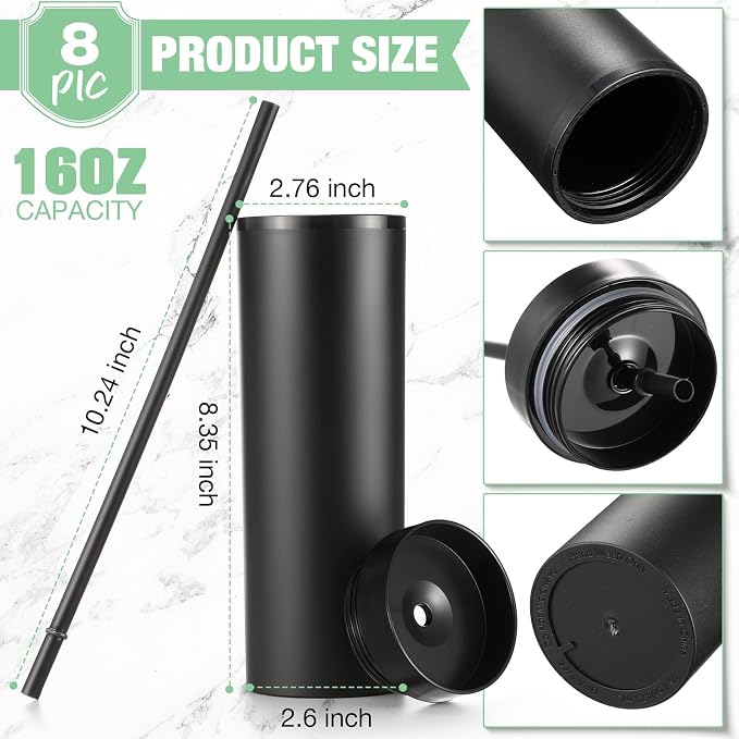 Mimorou 8 Pack Skinny Tumbler with Lids and Straws 16 oz Matte Acrylic Tumblers Straight Double Wall Plastic Reusable Cup Laser Engrave Customized DIY Gifts for Parties Birthday Home Office (Black)