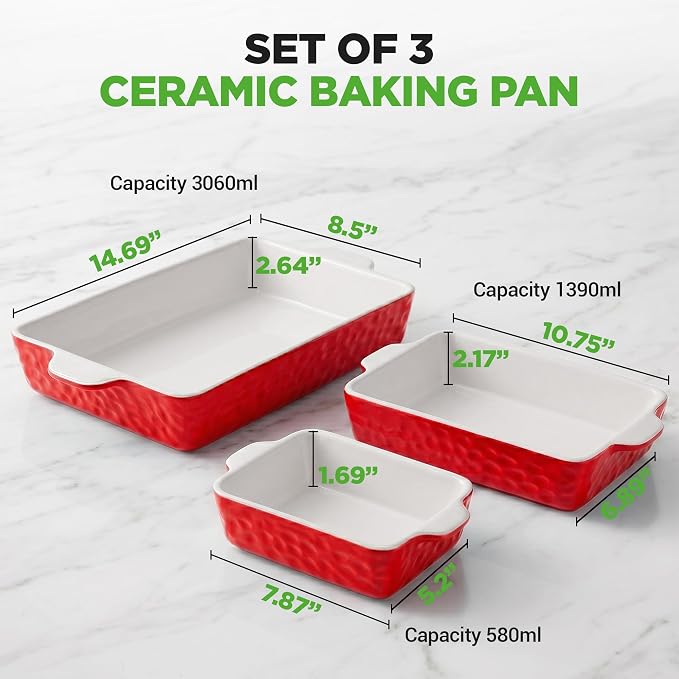 NutriChef 3-Piece Ceramic Casserole Dish for Oven - Premium Lasagna Baking Pans w/ Nonstick Coating & Built-In Handles - Dishwasher & Microwave Safe - 14" x 8", 10" x 6", 7" x 5" - Red