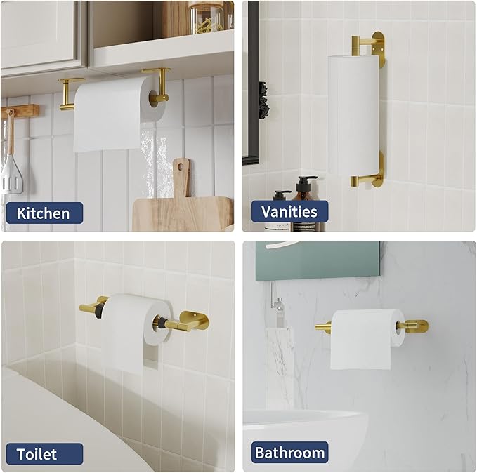 Paper Towel Holder Under Cabinet, Single Hand Operable Roll Holder with Damping Effect,Self-Adhesive or Drilled SUS304 Stainless Steel for Kitchen Bathroom,Gold