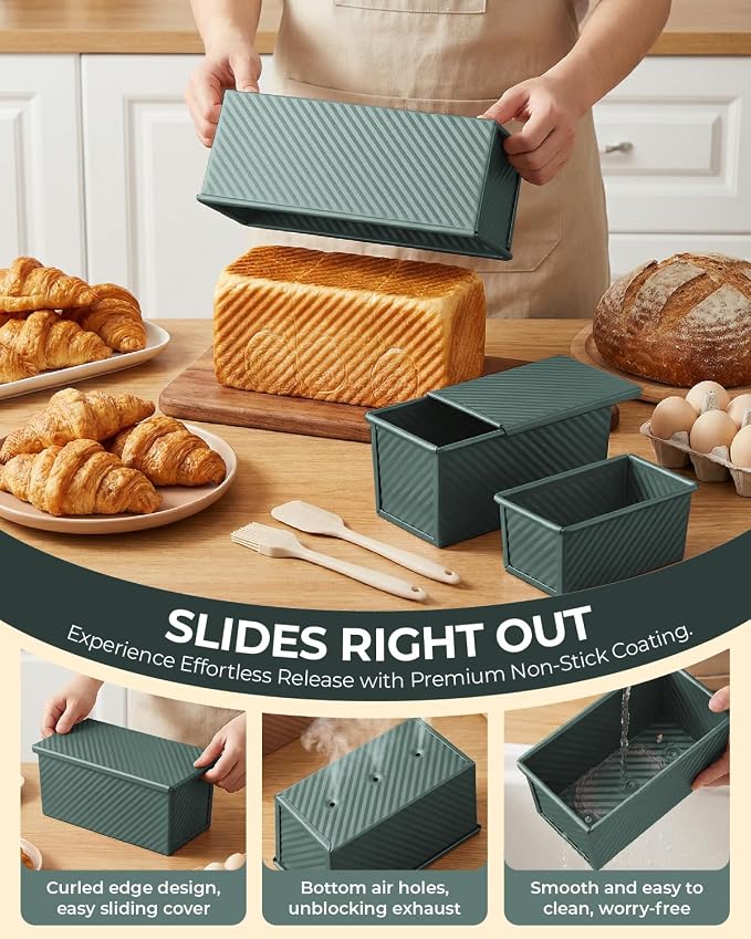 CARTMAN Bread Loaf Pan 2 Pack, 8x4 Pullman Loaf Pan with lid and a Silicone Spatula and Basting Pastry Brush, 1 lb Dough Capacity,Non-Stick Carbon Steel bread pans for homemade bread Sage Green