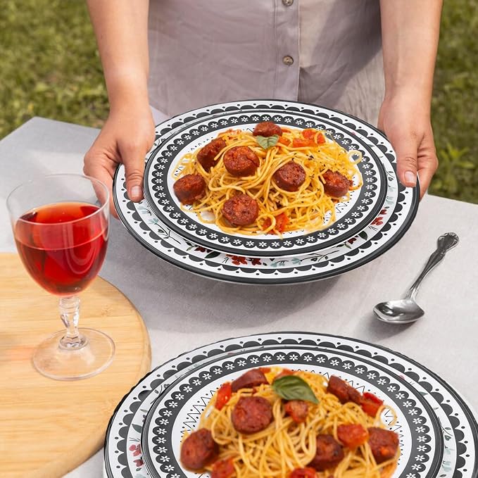 12-Piece Melamine Dinnerware Sets, Unbreakable Dinner Dishes Set for Indoor and Outdoor Use, Dishwasher Safe, Lightweight Dinner Service for 4, Black and White