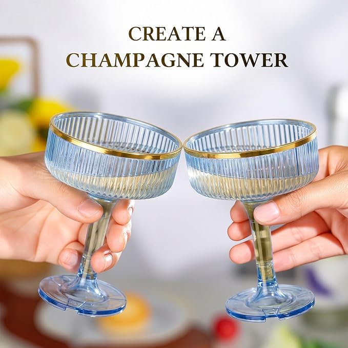 Goodluck 4-Tier Champagne Tower Glasses - 20 PCS 7oz Blue Plastic Champagne Flutes, Plastic Coupe Glasses with Vertical Stripes for Weddings, Celebrations, Parties & Birthdays(Gold Rim)