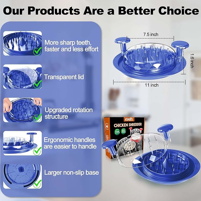 Chicken Shredder, Chicken Shredder Tool Twist, Chicken Breast Meat Shredding Machine with Anti-Slip Base, BPA Free, Dishwasher Safe, Ergonomic Handle, Heat Resistant, Suitable for Pork, Beef, Blue