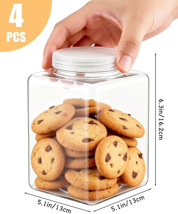 Plastic Storage Jars, 4 Pack Square Wide Mouth Containers with Screw Cap Lids, Transparent Moisture Proof Food Canisters, Clear Pantry Storage Jars (5.1 x 5.1 x 6.3 Inches)