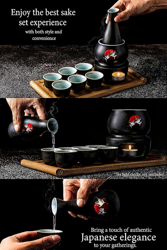 Japanese Sake Cup Set with 6 Ceramic Cups, 1 Ceramic Sake Bottle, 1 Ceramic Sake Warmer, Bamboo Tray, and Cloth Carrying Case - Perfect Hot Sake Set for Authentic Japanese Experience (Black/White)