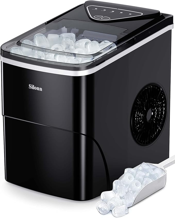 Silonn Ice Maker Countertop with LocknLock Aqua Fridge Door Water Jug, 9 Cubes in 6 Mins, 26lbs Ice in 24Hrs, 2 QT Pitcher