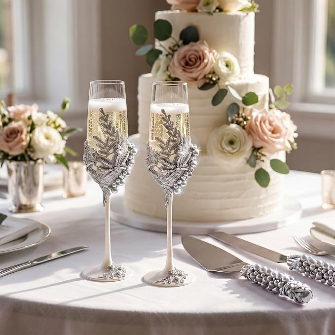 Boao Pearl Wedding Champagne Flutes and Cake Knife Server Set of 4, Champagne Flutes Toasting Glasses with Pearls for Bride and Groom Engagement Anniversary Bridal Shower Gifts (Retro,Dark Gray)