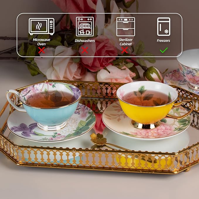 KAMMAK Tea Cups and Saucers Set of 2, Porcelain Coffee Cups, Stackable Espresso Mugs, Ceramic Demitasse for Coffee, Cappuccino, Latte, Americano, Tea, Peony + Hydrangea