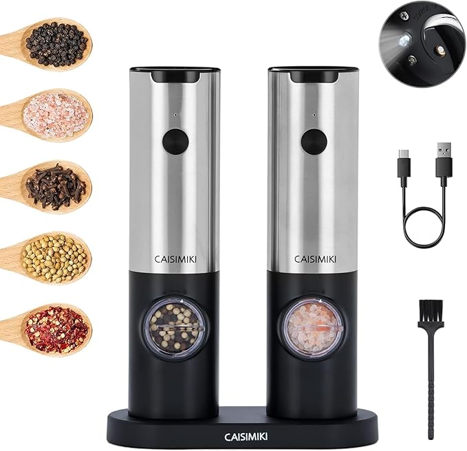 Electric Salt and Pepper Grinder Set Rechargeable Automatic Pepper Mill Grinder Stainless Steel Kitchen Gadgets Adjustable Coarseness Shakers, One Hand Operation, 2 Pack