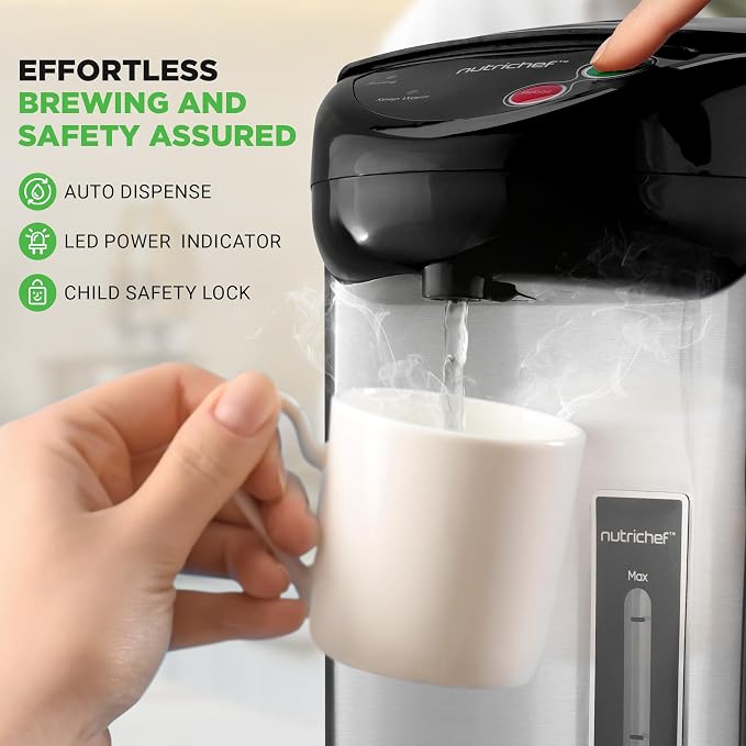NutriChef 5.2 Qt Hot Water Dispenser with 5 Temperature Settings | Digital water boiler with 3 dispensing options, stainless steel interior, safety lock, and quick heating.
